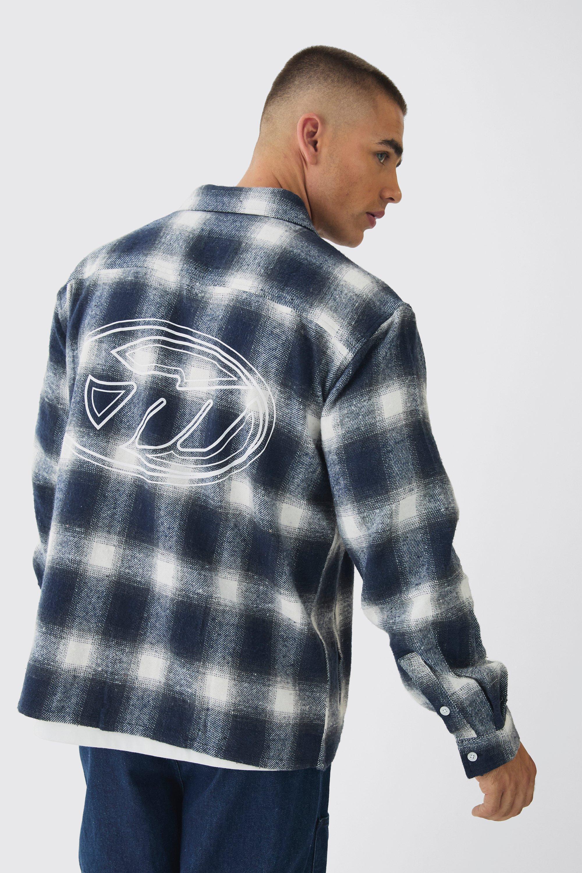 Oversized M Embroidered Plaid Long Sleeve Shirt | boohooMAN USA Product Image