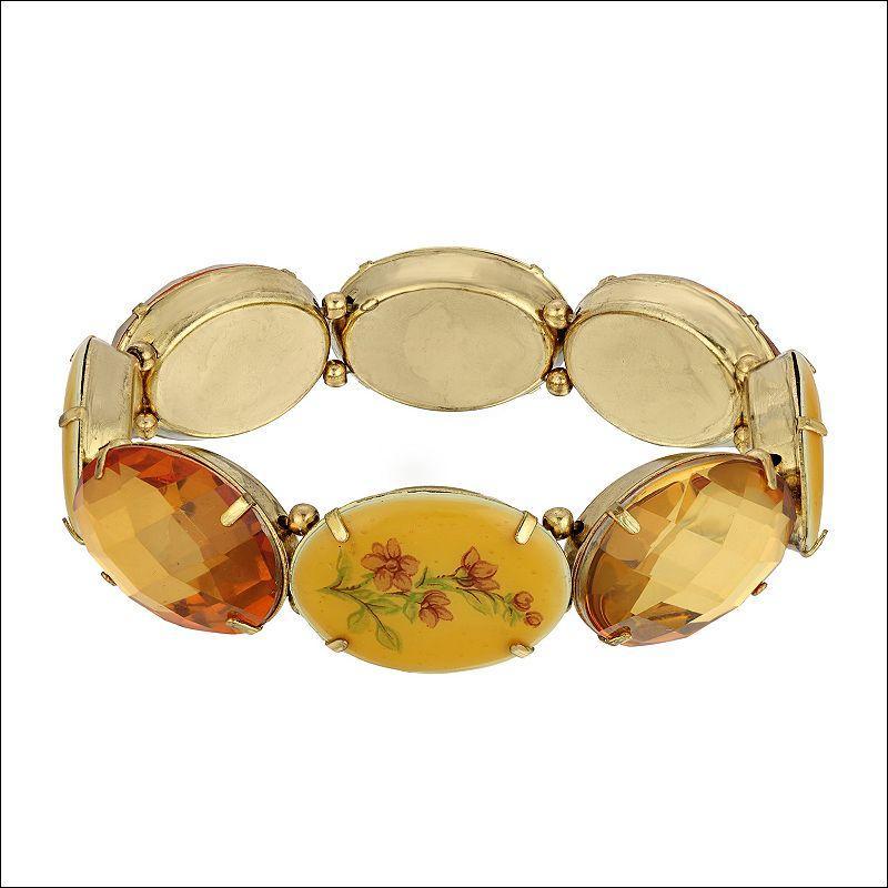 1928 Gold Tone Simulated Topaz & Floral Oval Stone Stretch Bracelet, Womens, Yellow Product Image