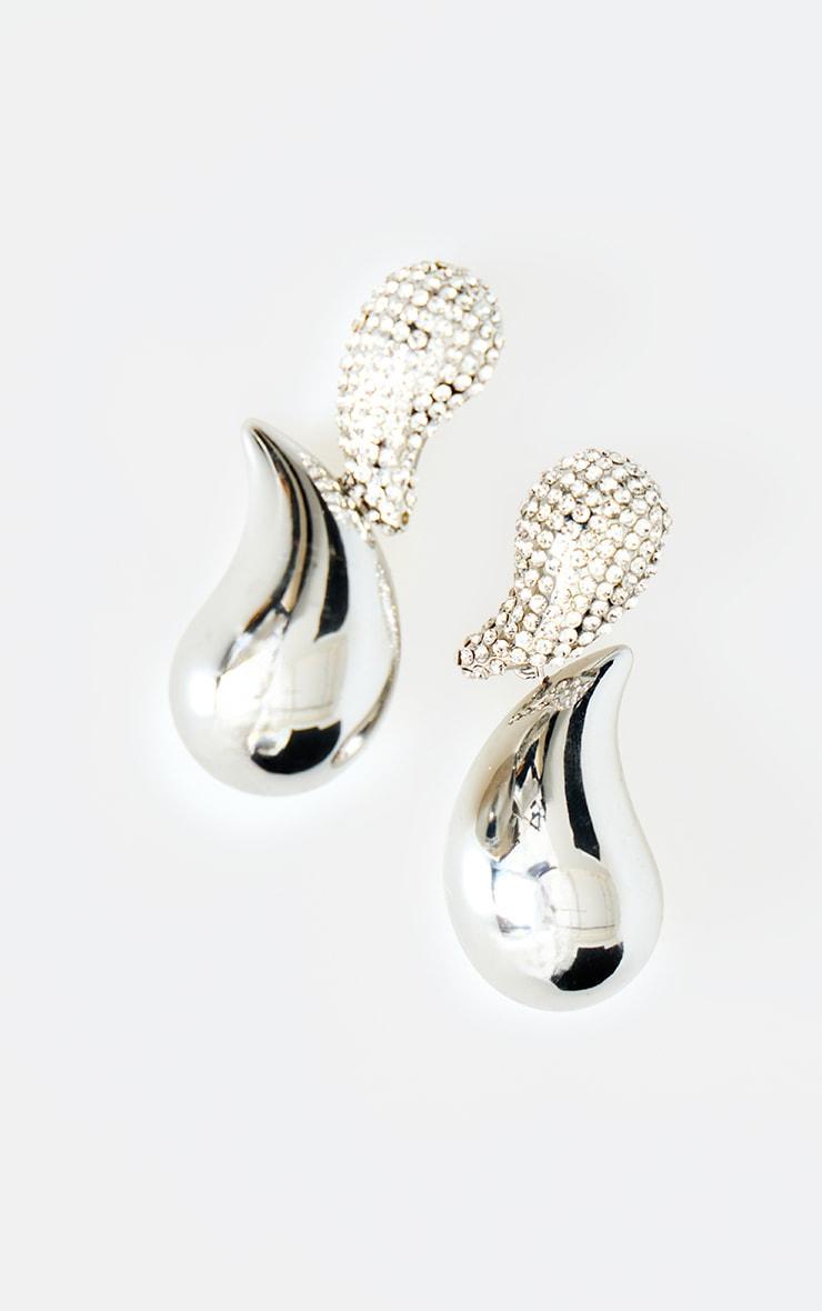 Silver Teardrop Diamante Link Statement Earrings Product Image