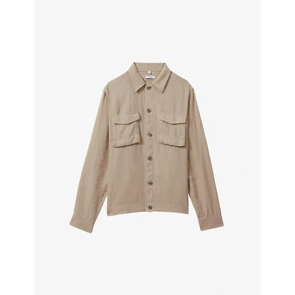 REISS Mens Stone Viera Patch-pocket Long-sleeve Linen Overshirt product image