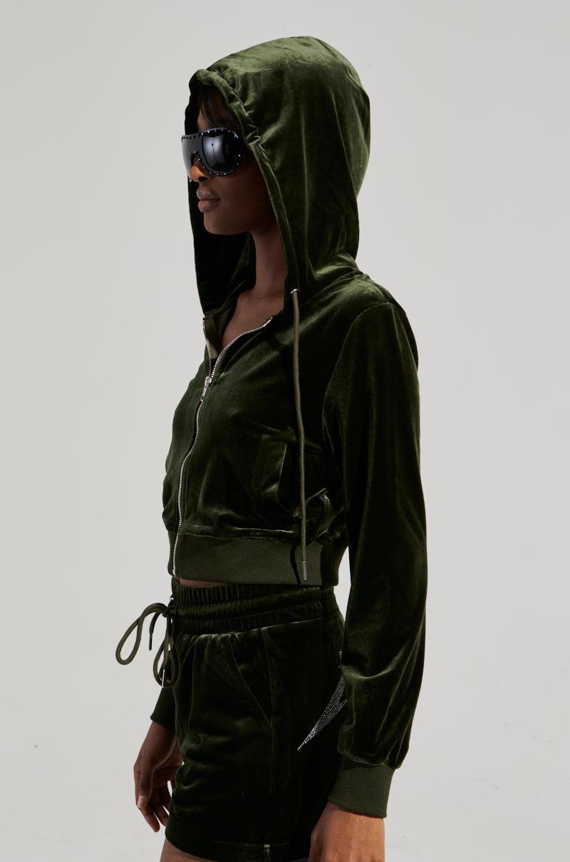 BRAT RHINESTONE VELVET OLIVE ZIP UP SWEATSHIRT Product Image