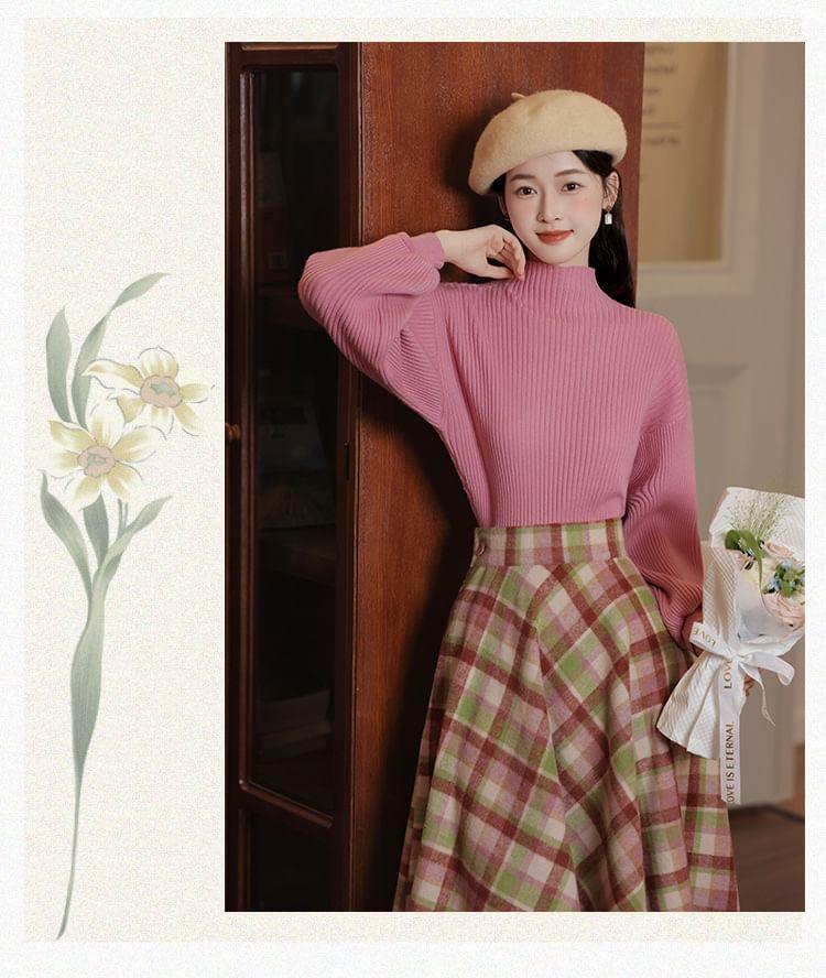 Set: Mock Neck Plain Sweater + High Rise Plaid Midi A-Line Skirt Product Image