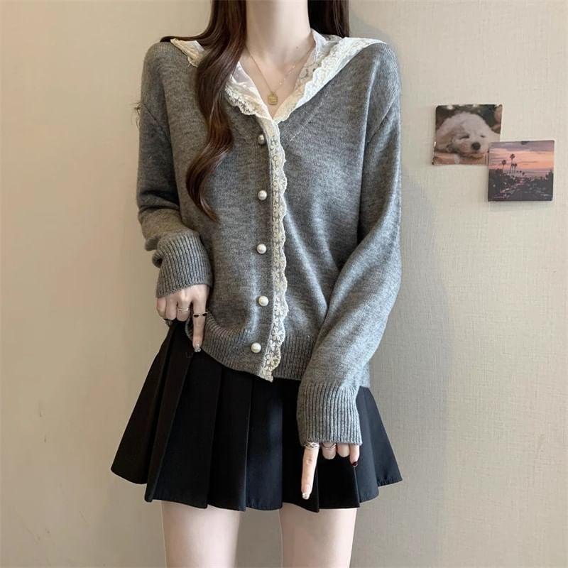 V-Neck Lace Panel Hooded Faux Pearl Buttoned Cardigan Product Image