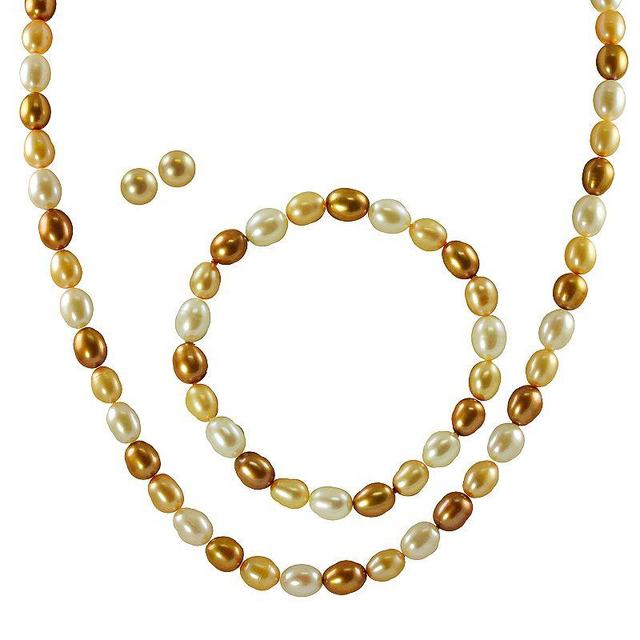 14k Gold Dyed Freshwater Cultured Pearl Necklace, Stretch Bracelet and Stud Earring Set, Womens Product Image