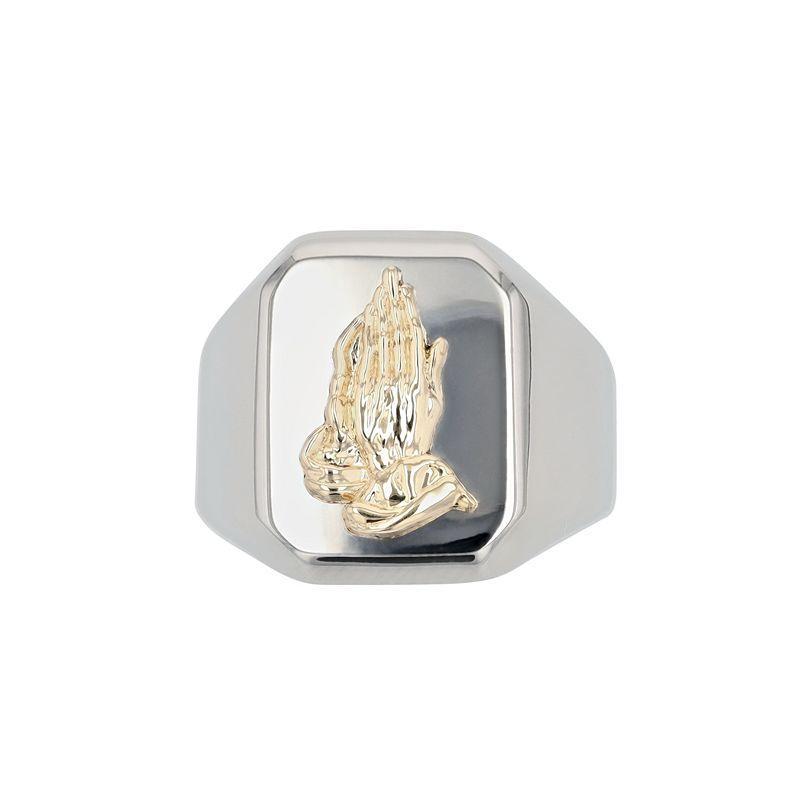 Kristen Kesho 14k Gold Praying Hand on Stainless Steel Ring, Mens Product Image