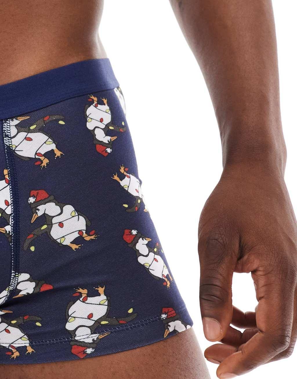 ASOS DESIGN trunks with christmas penguins in navy Product Image