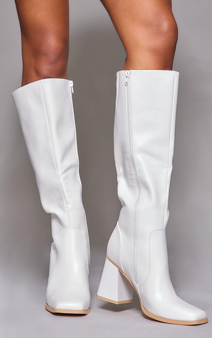 White PU Square Toe Flare Block Heel Knee High Boots product image