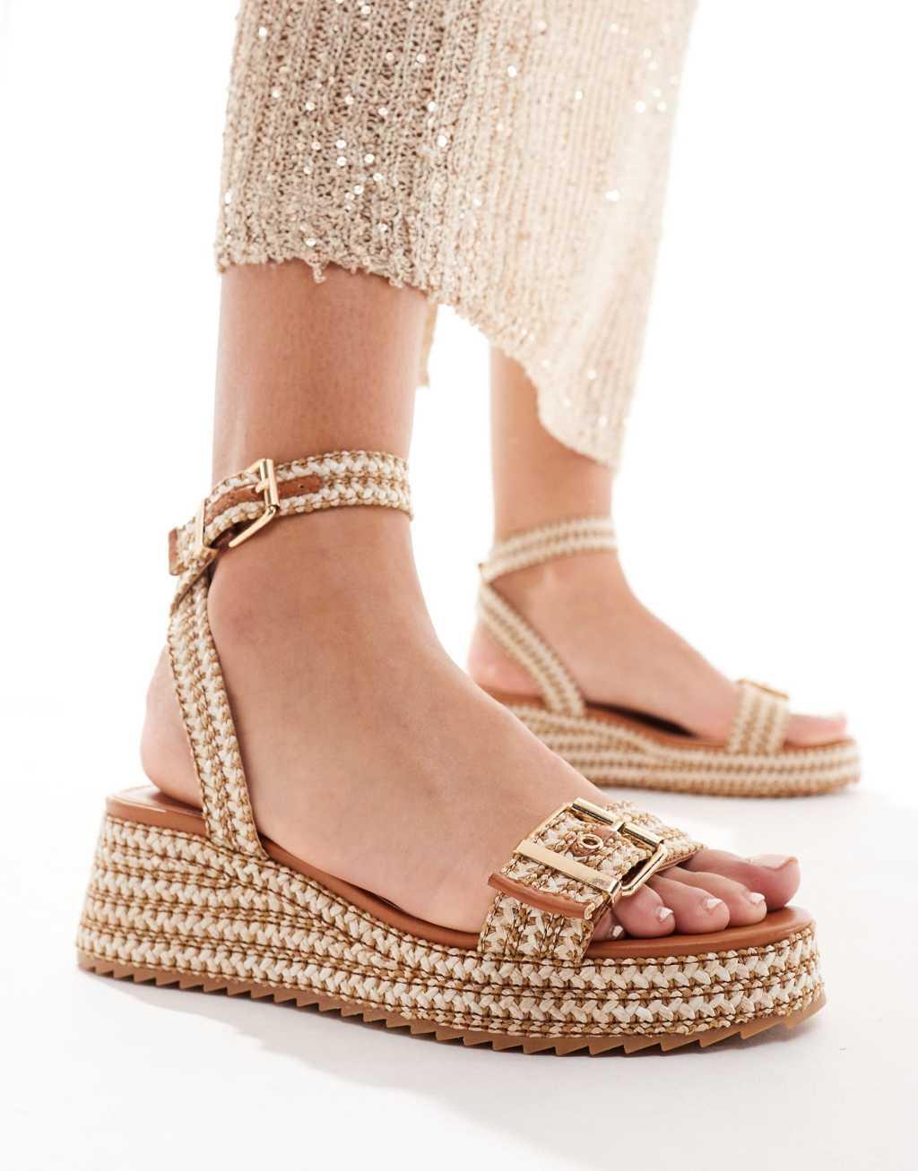 ASOS DESIGN Thermo buckle flatforms in tan weave Product Image