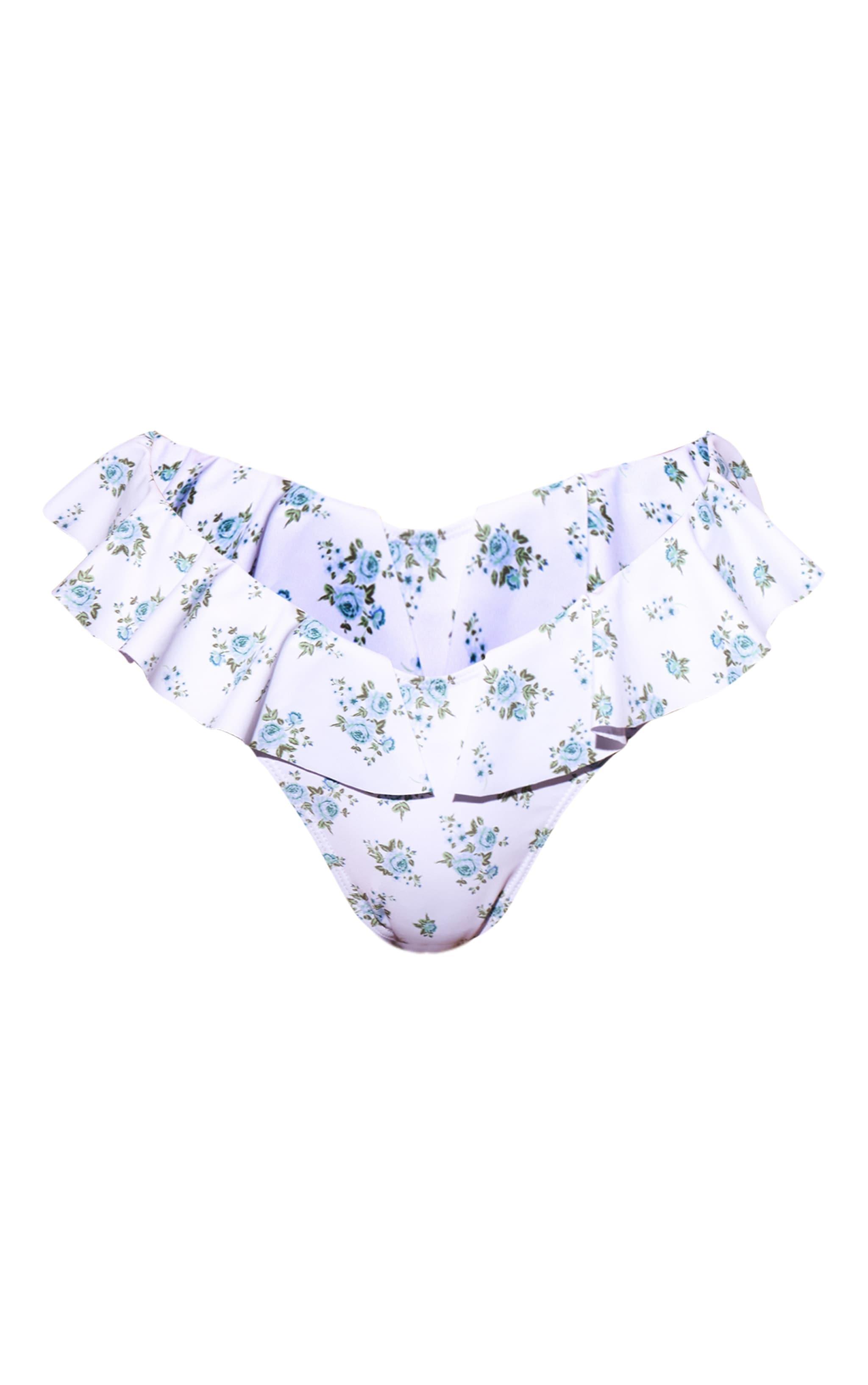 White Ditsy Floral Frill Bikini Bottoms Product Image