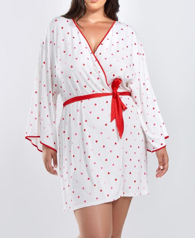 iCollection Kyley Plus Size Heart Print Robe with Contrast Self Tie Sash and Red Trim Product Image