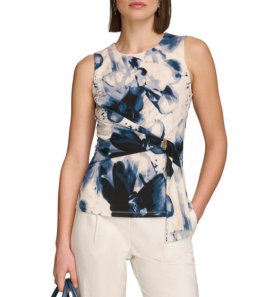 Donna Karan Printed Crew Neckline Sleeveless Wrap Front Top Product Image