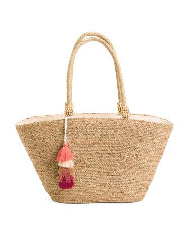 Straw Tote With Braided Handles And Beads for Women Product Image