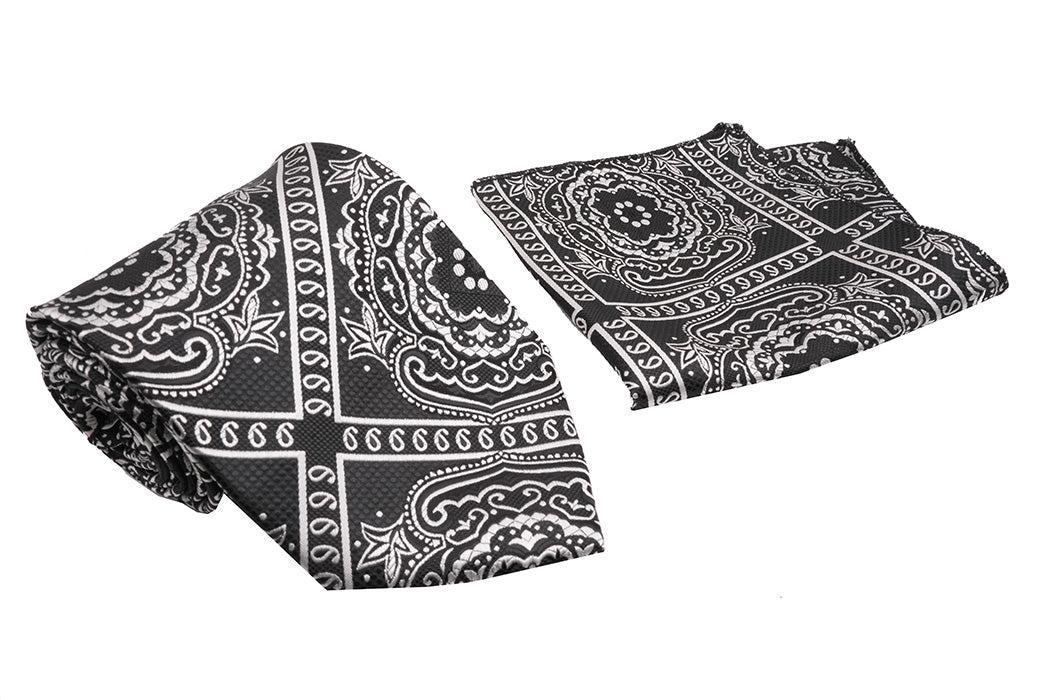 Black Silver Plaid and Paisley Pattern Men's Classic Tie and Pocket Square Set Male Product Image