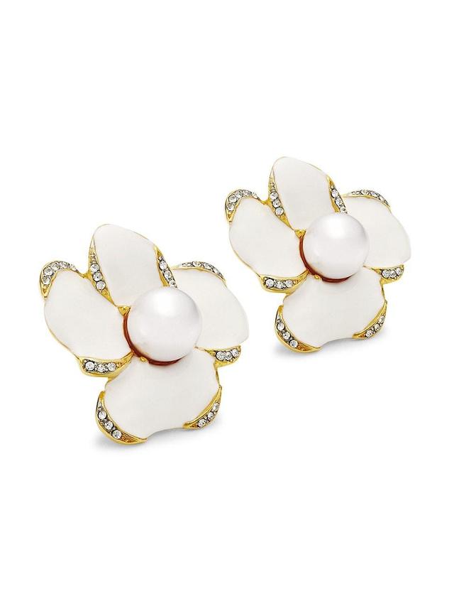 Womens 22K Gold-Plated, Faux Pearl & Crystal Flower Clip-On Earrings Product Image