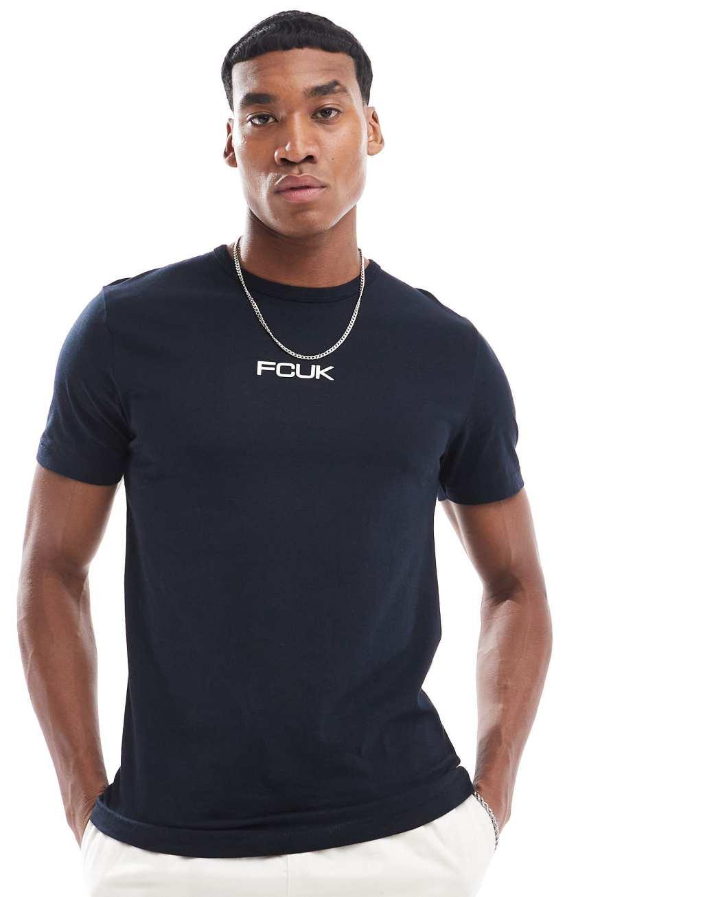 French Connection crew neck T-shirt with FCUK chest logo in navy Product Image