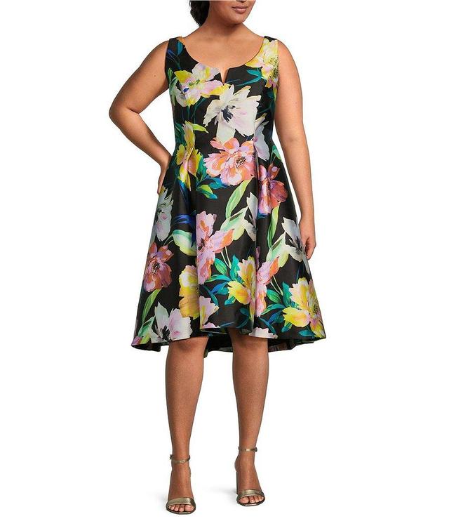 Adrianna Papell Plus Size Mikado Floral Print Notch Scoop Neck Sleeveless Dress Product Image