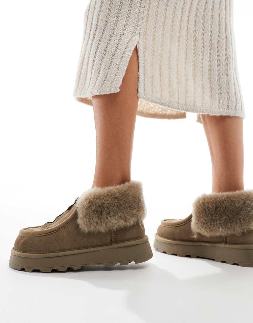 South Beach Real Sheepskin Zip Up Ankle Boot in Olive Product Image