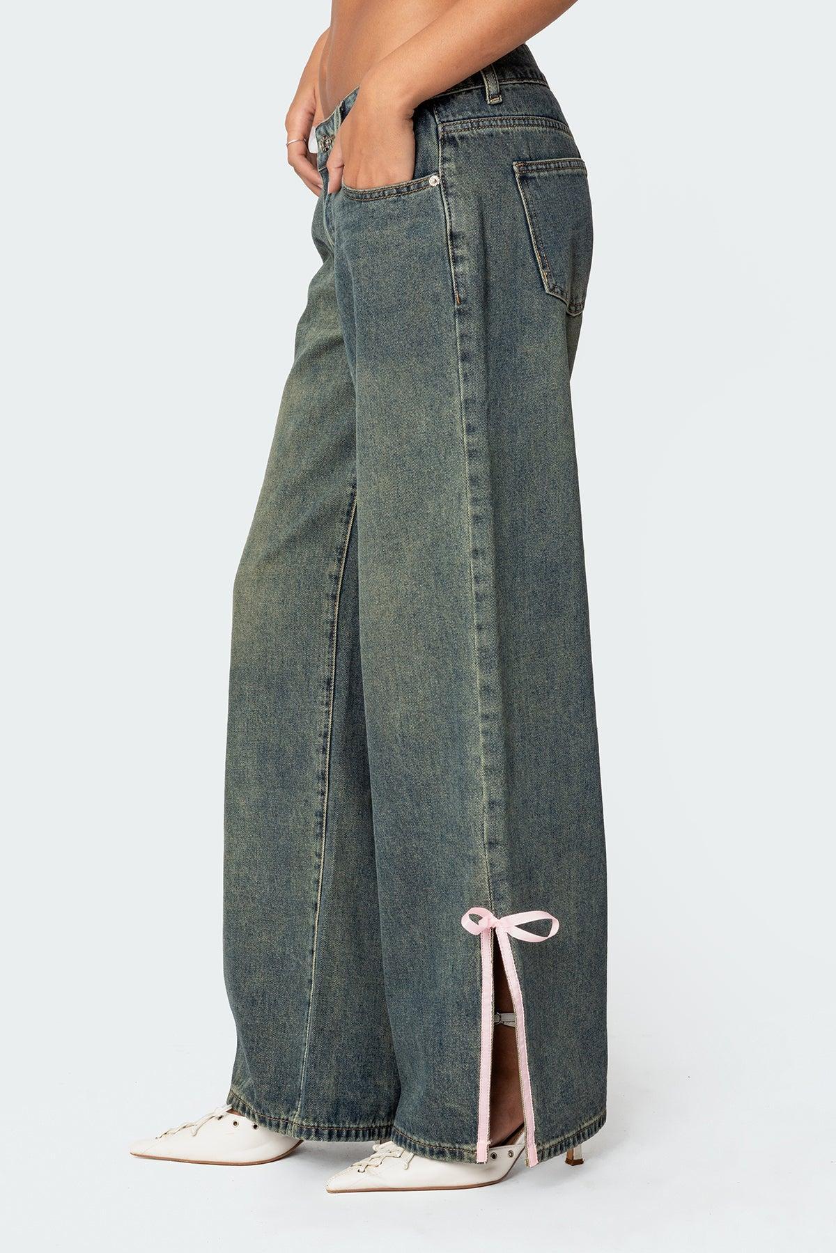 Bow Slitted Vintage Washed Jeans Product Image