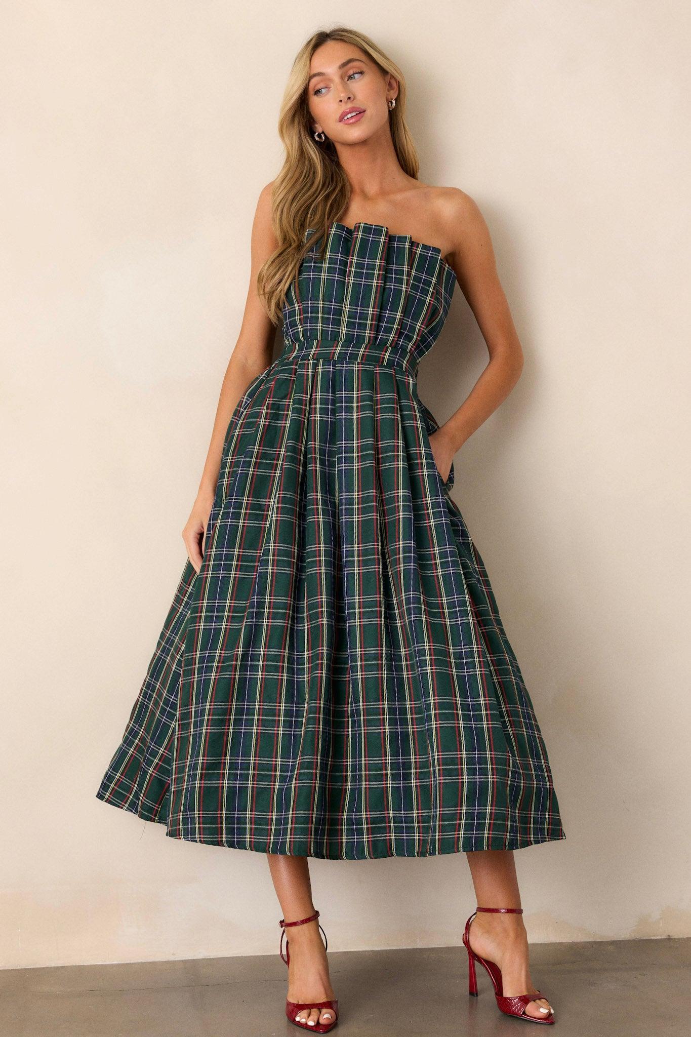 Crystal Dreams Green Plaid Strapless Midi Dress Product Image