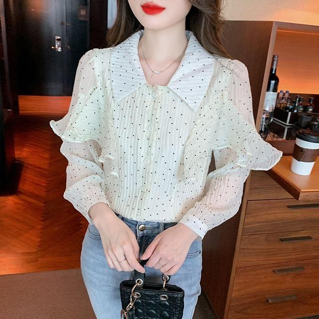 Long-Sleeve Collared Dotted Ruffle Trim Button-Up Blouse Product Image