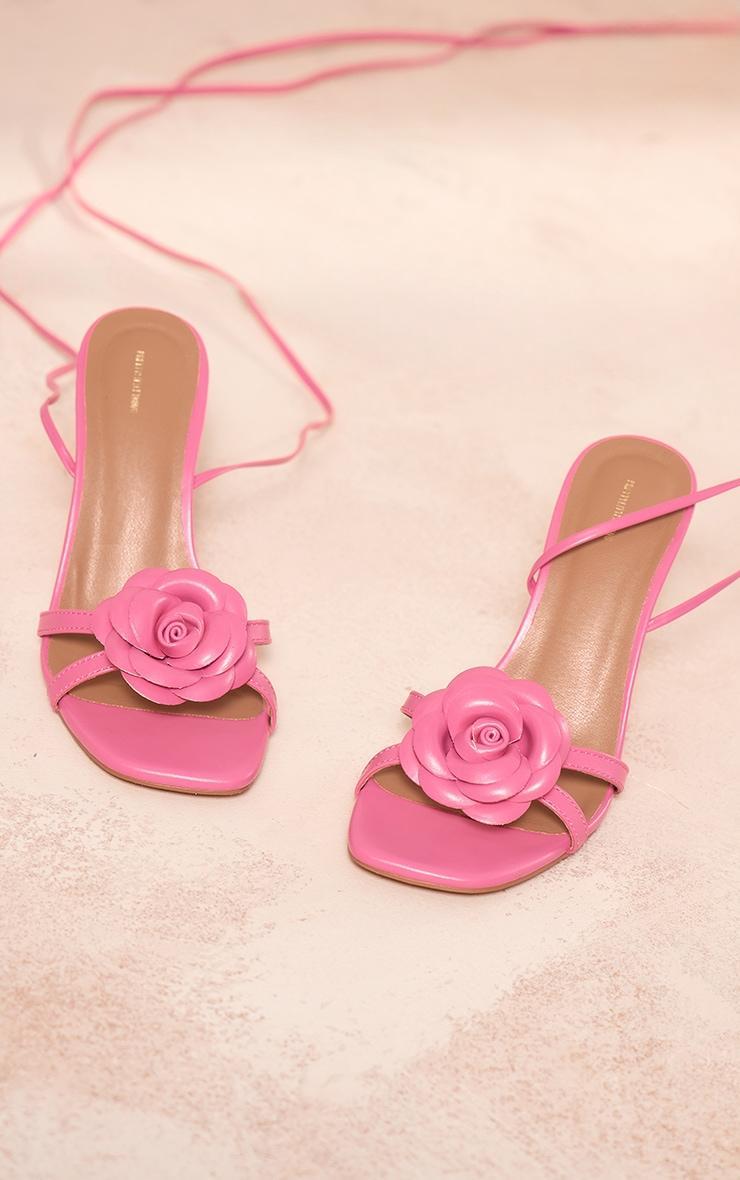 Pink PU Square Toe Corsage Strap Lace Up Heeled Sandals Product Image