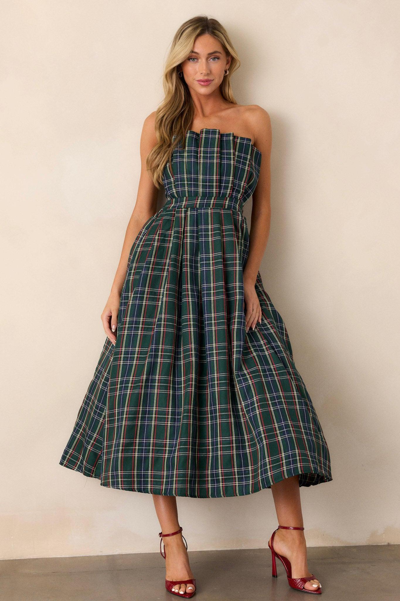 Crystal Dreams Green Plaid Strapless Midi Dress Product Image