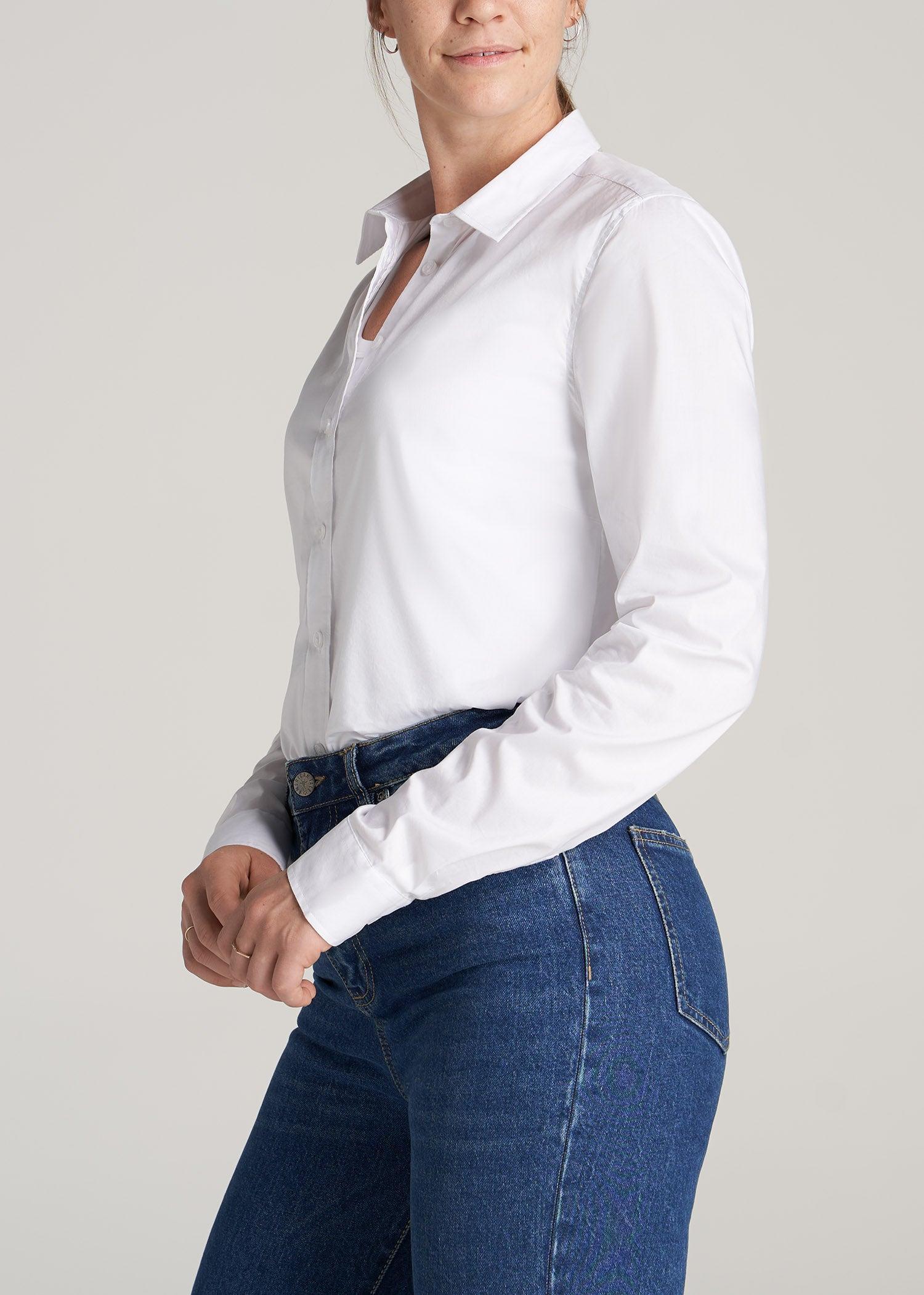 Button-Up Dress Shirt for Tall Women in White Female Product Image