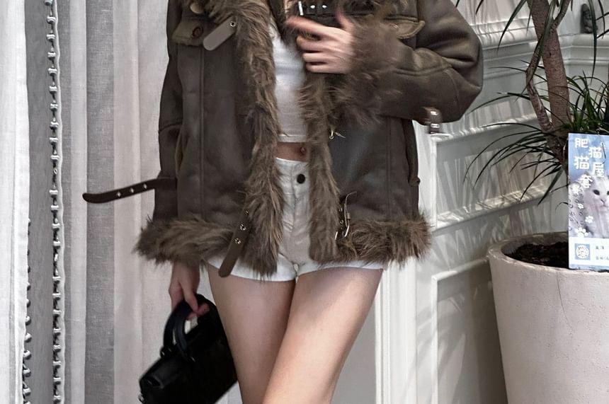 Stand Collar Fluffy Trim Buckled Aviator Jacket Product Image