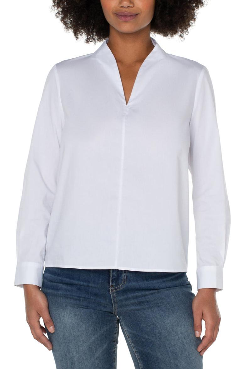 V Neck Long Sleeve Woven Top - White Product Image