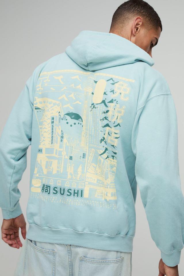 Oversized Sushi Graphic Washed Hoodie | boohooMAN USA Product Image