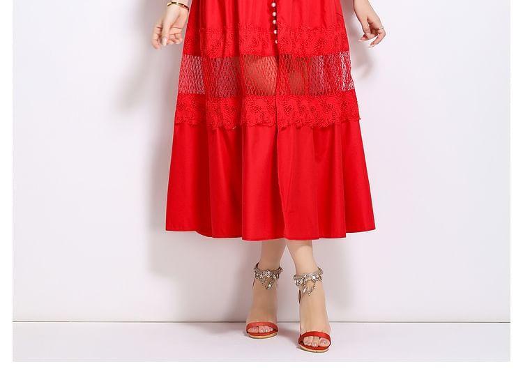 Long Sleeve Band Collar Plain Ruffle Faux Pearl Button Tie-Waist Panel Lace Midi A-Line Dress Product Image