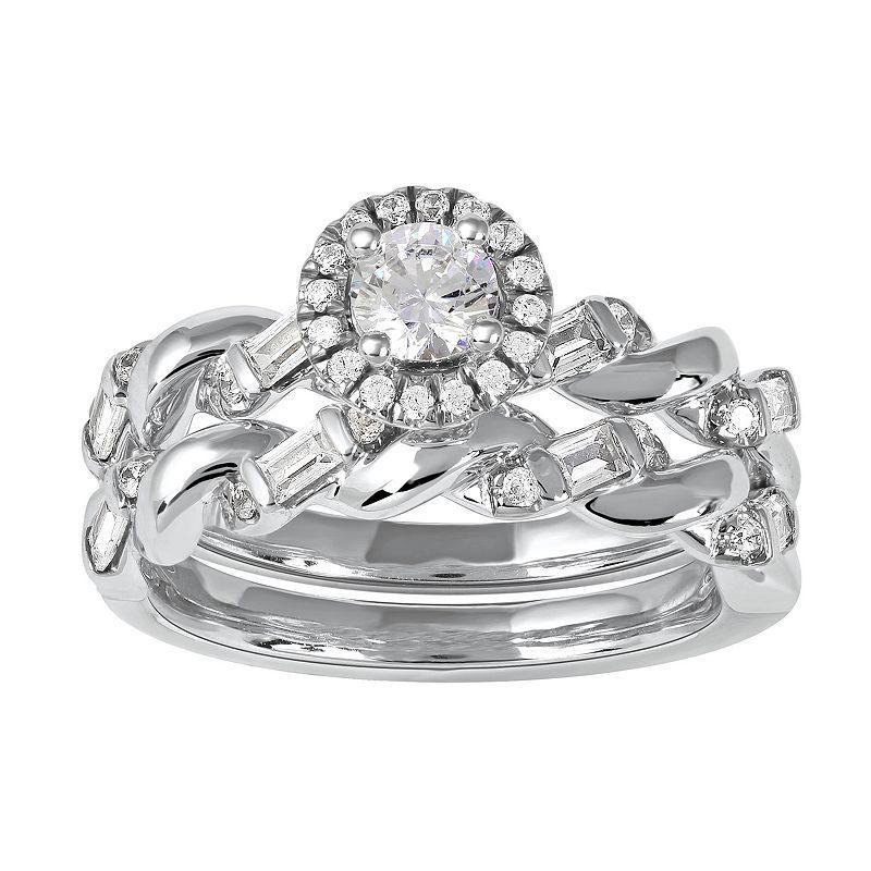 DeCouer Sterling Silver 1/3 Carat T.W. Diamond Halo Engagement Ring Set, Womens Product Image