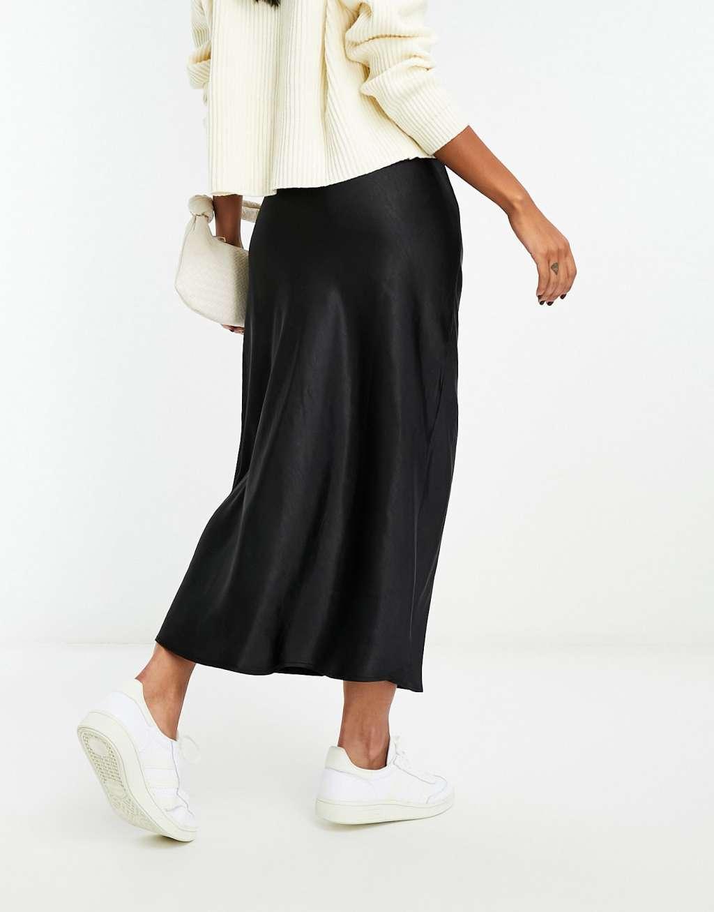 Mango satin midi skirt in black Product Image