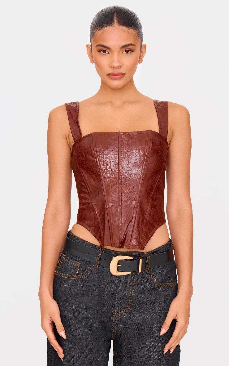 Chocolate Washed Faux Leather Dip Hem Strappy Top Product Image