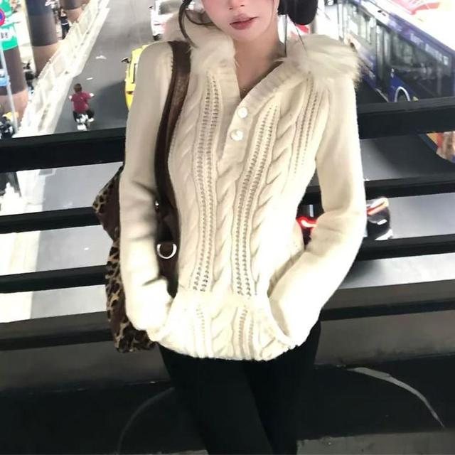 Long-Sleeve Furry Trim Plain Knit Hooded Top Product Image