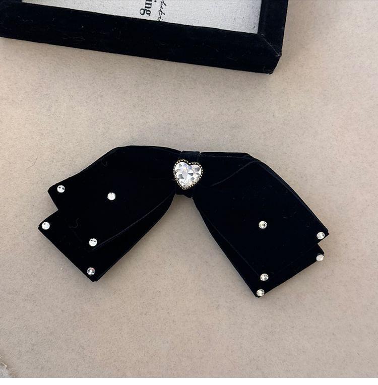 Heart Rhinestone Bow Velvet Hair Clip Product Image