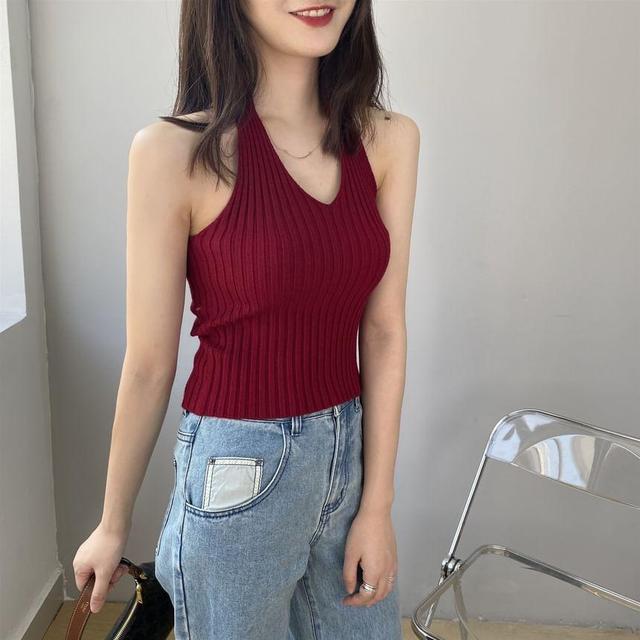 V-Neck Plain Ribbed Halter Top Product Image