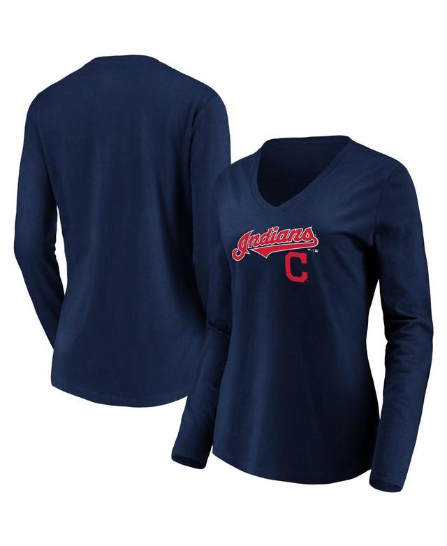 Womens Navy Cleveland Indians Core Team Lockup Long Sleeve V-Neck T-shirt Product Image