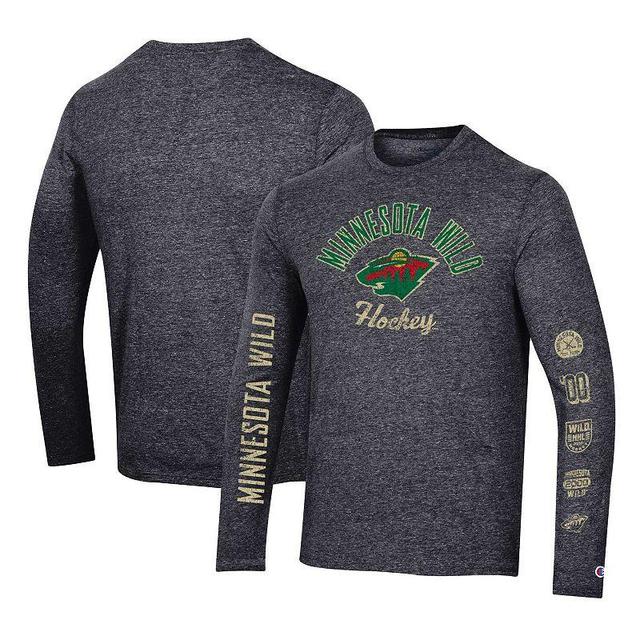 Mens Champion Heather Black Minnesota Wild Multi-Logo Tri-Blend Long Sleeve T-Shirt Product Image