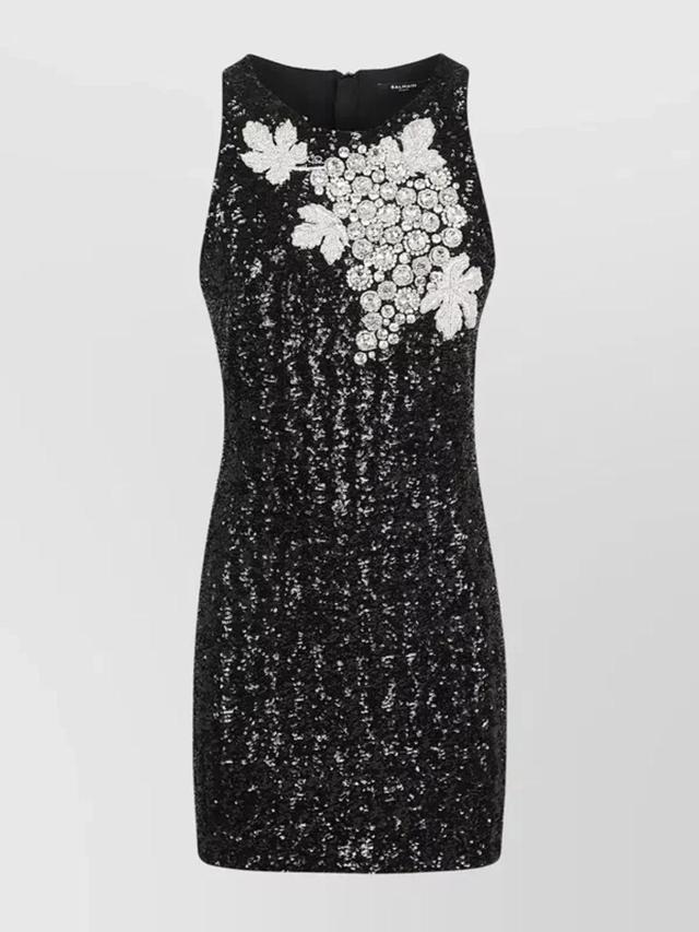 Sequins Emb Floral Appliqué Short Dress In Eaw Noir Cristal Product Image