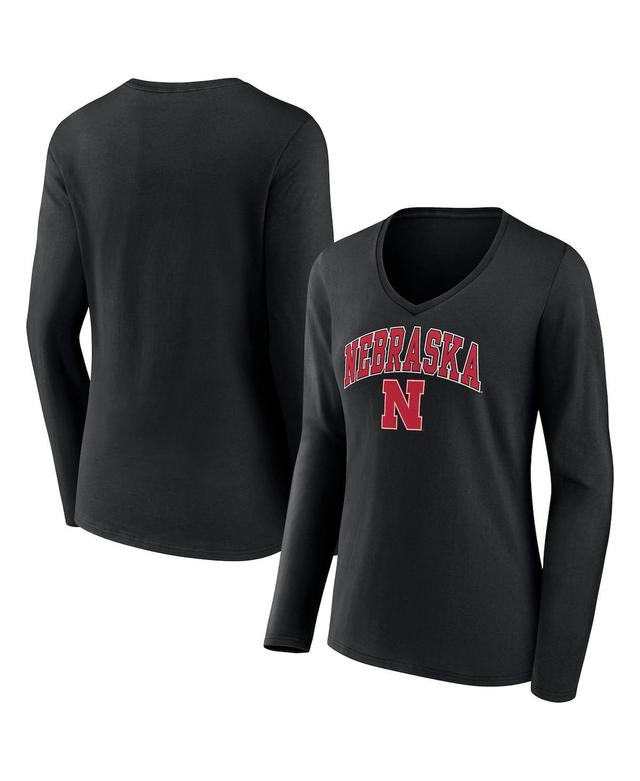 Womens Fanatics Black Nebraska Huskers Evergreen Campus Long Sleeve V-Neck T-shirt Product Image