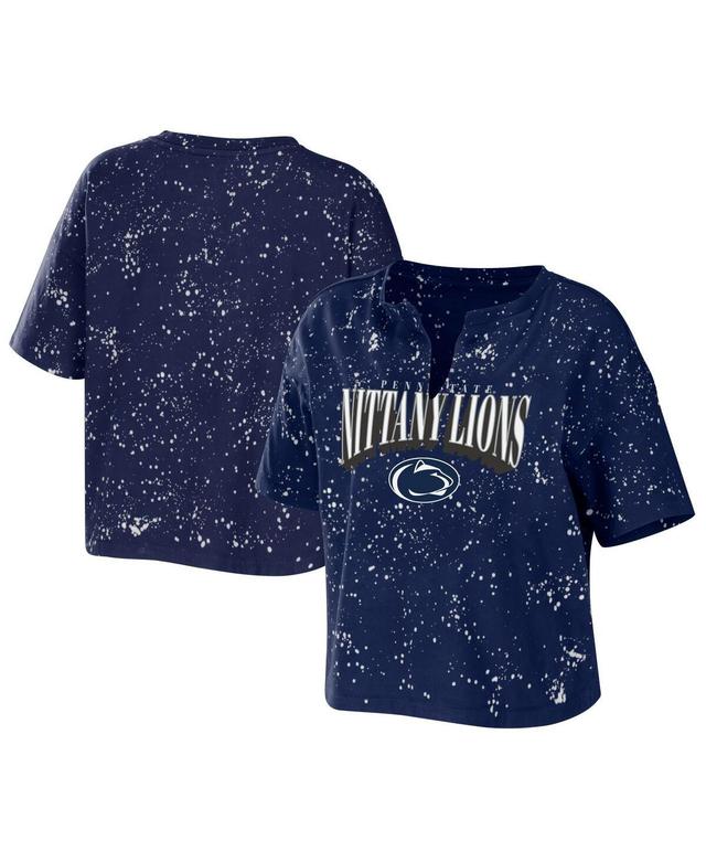 Womens Wear by Erin Andrews Navy Penn State Nittany Lions Bleach Wash Splatter Cropped Notch Neck T-shirt Product Image