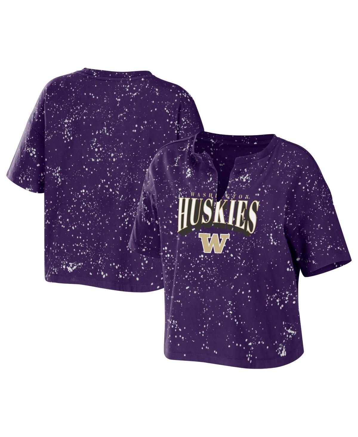 Womens Wear by Erin Andrews Purple Washington Huskies Bleach Wash Splatter Cropped Notch Neck T-shirt Product Image