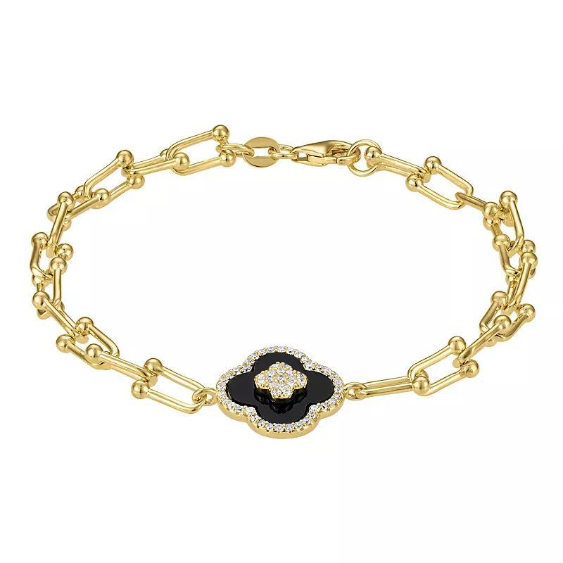 Designs by Gioelli 14k Gold Over Silver Onyx Clover U-link Chain Bracelet, Womens Gold Tone Product Image