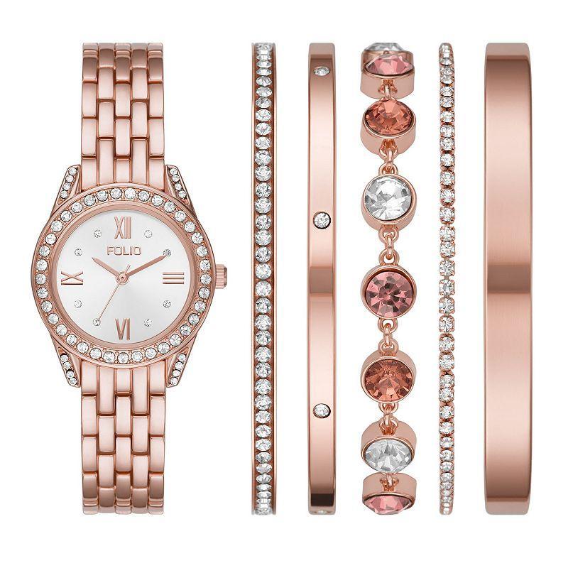 Folio Womens Rose Gold Tone with Silver Dial Watch & Stackable Bracelet Set Product Image