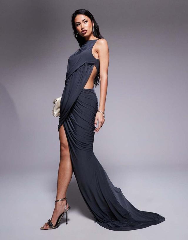 ASOS DESIGN high neck slinky maxi dress with cut out detail in charcoal Product Image