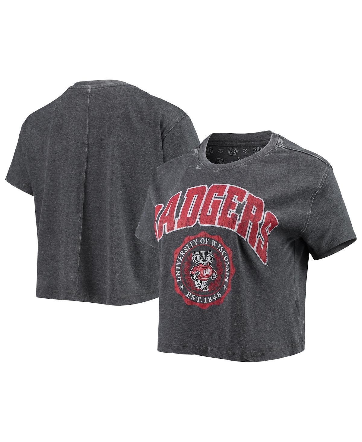 Womens Pressbox Heathered Black Wisconsin Badgers Edith Vintage-Like Burnout Crop T-shirt Product Image