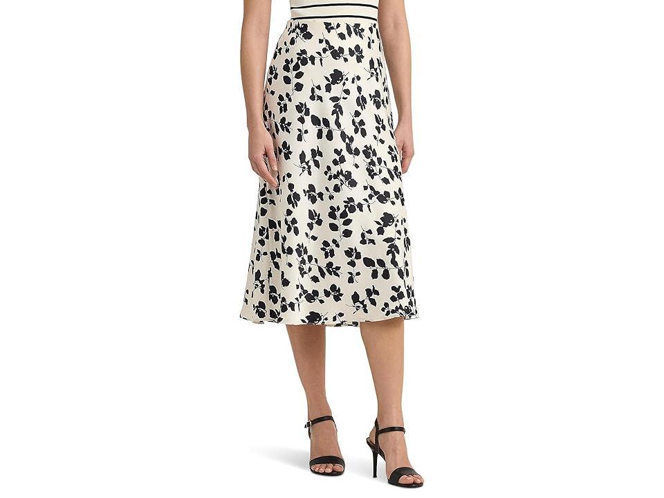 LAUREN Ralph Lauren Leaf-Print Satin Charmeuse Midi Skirt (Cream/Black) Women's Skirt Product Image