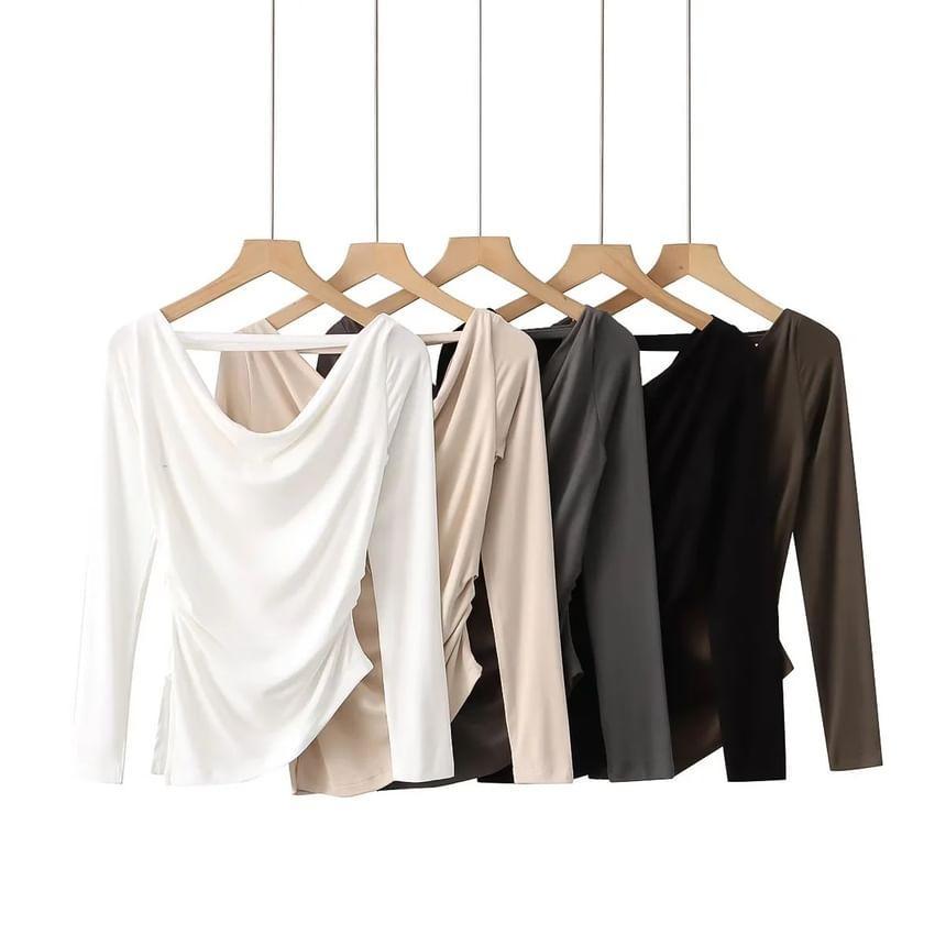 Long Sleeve Cold-Shoulder Plain T-Shirt Product Image