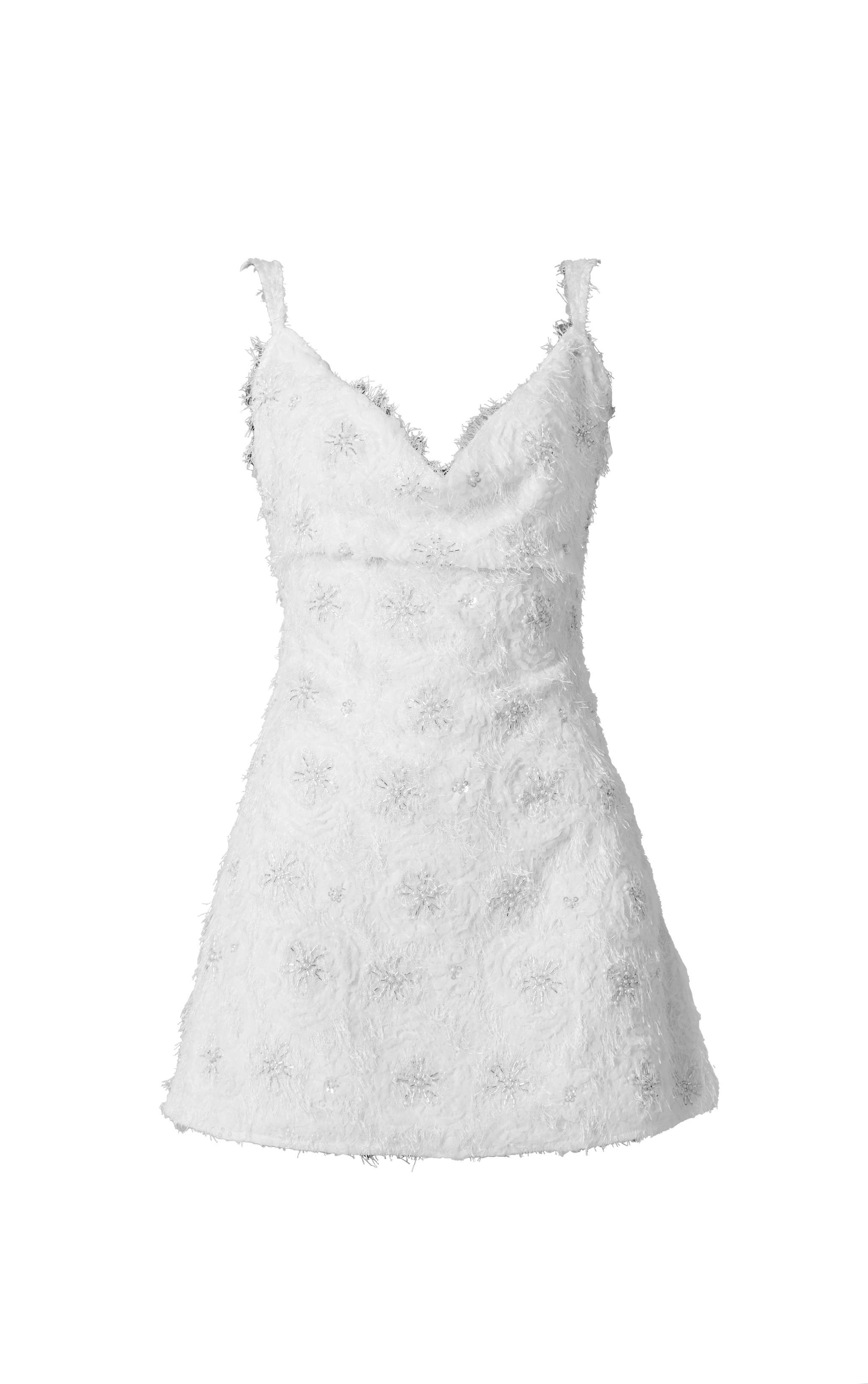 Premium White Sequin Embroidered Cowl Neck Shift Dress Product Image